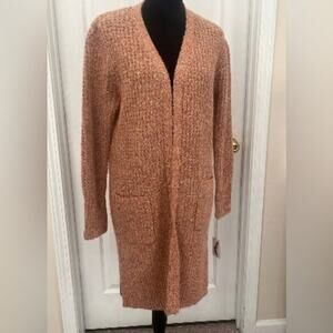 UEC JESSICA SIMPSON PEACH PINK COLOR LONG FUZZY OPEN FRONT CARDIGAN SWEATER SZ S